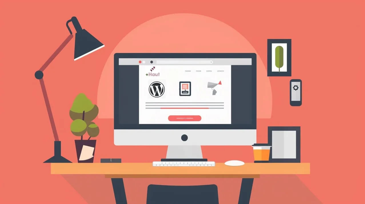 Bureau avec un écran affichant un site WordPress