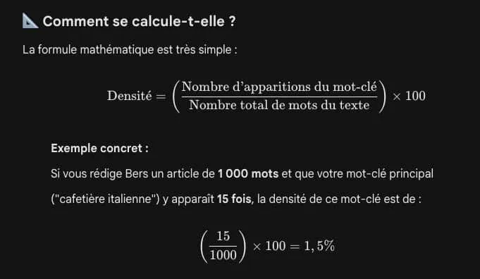 Formule de la densité : nombre d’apparitions du mot-clé divisé par le nombre total de mots, multiplié par 100